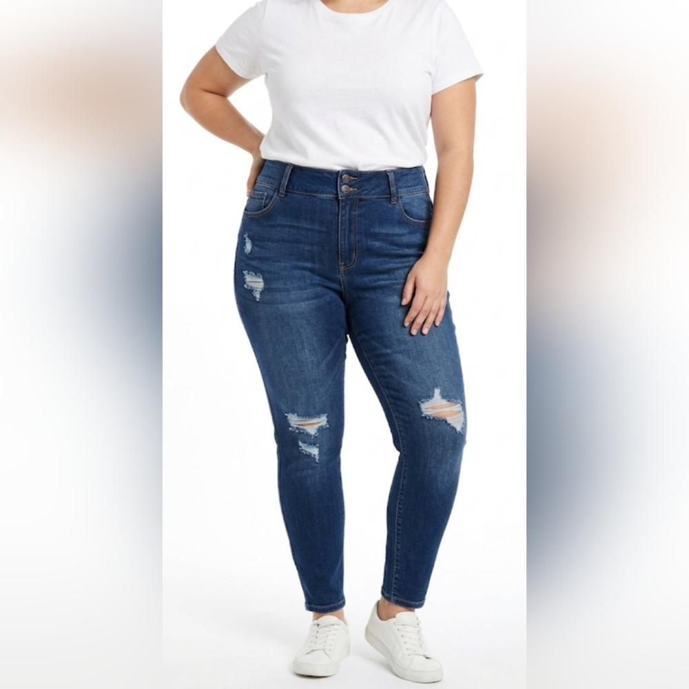 🌷👖 Angels Women's Midnight Blue Ripped Curvy Skinny Jeans - Size 16